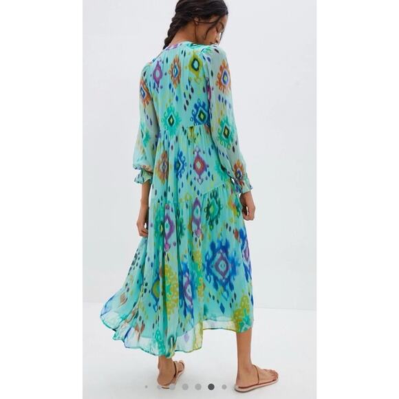 ANTHROPOLOGIE Serenade Turquoise Ikat Pullover Boho Maxi Dress Sz M *FLAW* - Picture 2 of 15